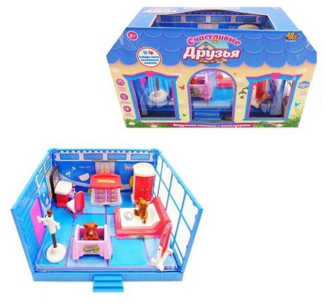 Игровой набор Abtoys Счастливые друзья Модульная комната Спальня с мебелью и фигурками животных, 11 предметов, в коробке PT-00911