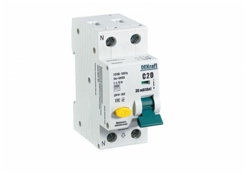 Выключатель автоматический дифференциального тока 2п (1P+N) C 20А 30мА тип AC 6кА ДИФ-103 DEKraft 16205DEK