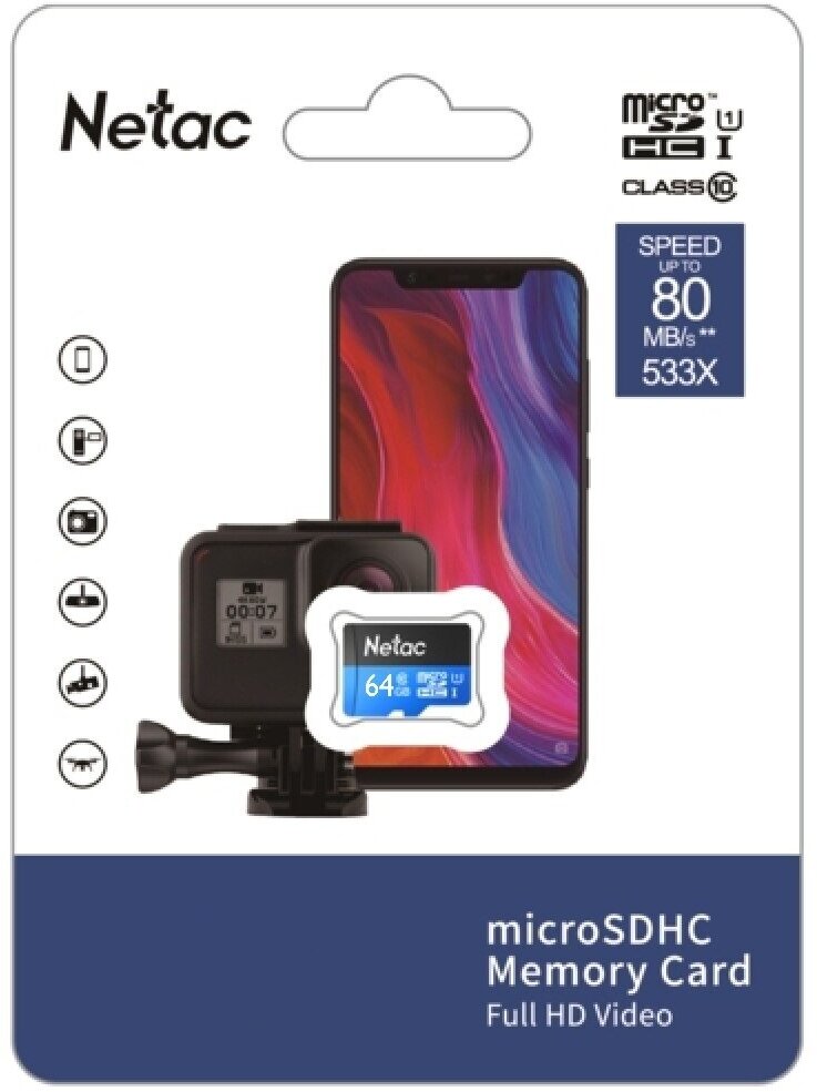 Карта памяти Netac P500 MicroSDXC 64Gb Class 10 UHS-I 80MB/s (NT02P500STN-064G-S)