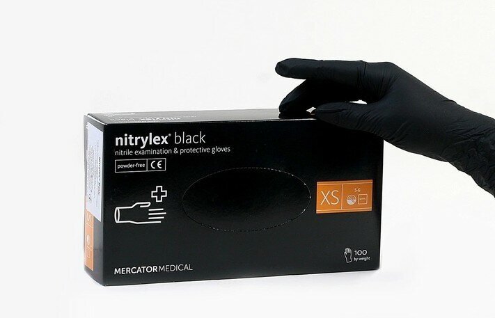 Перчатки нитриловые медицинские MERCATOR Medical Nitrylex Black, цвет: черные, размер XS, 100 шт. (50 пар) 8 грамм нитрила пара