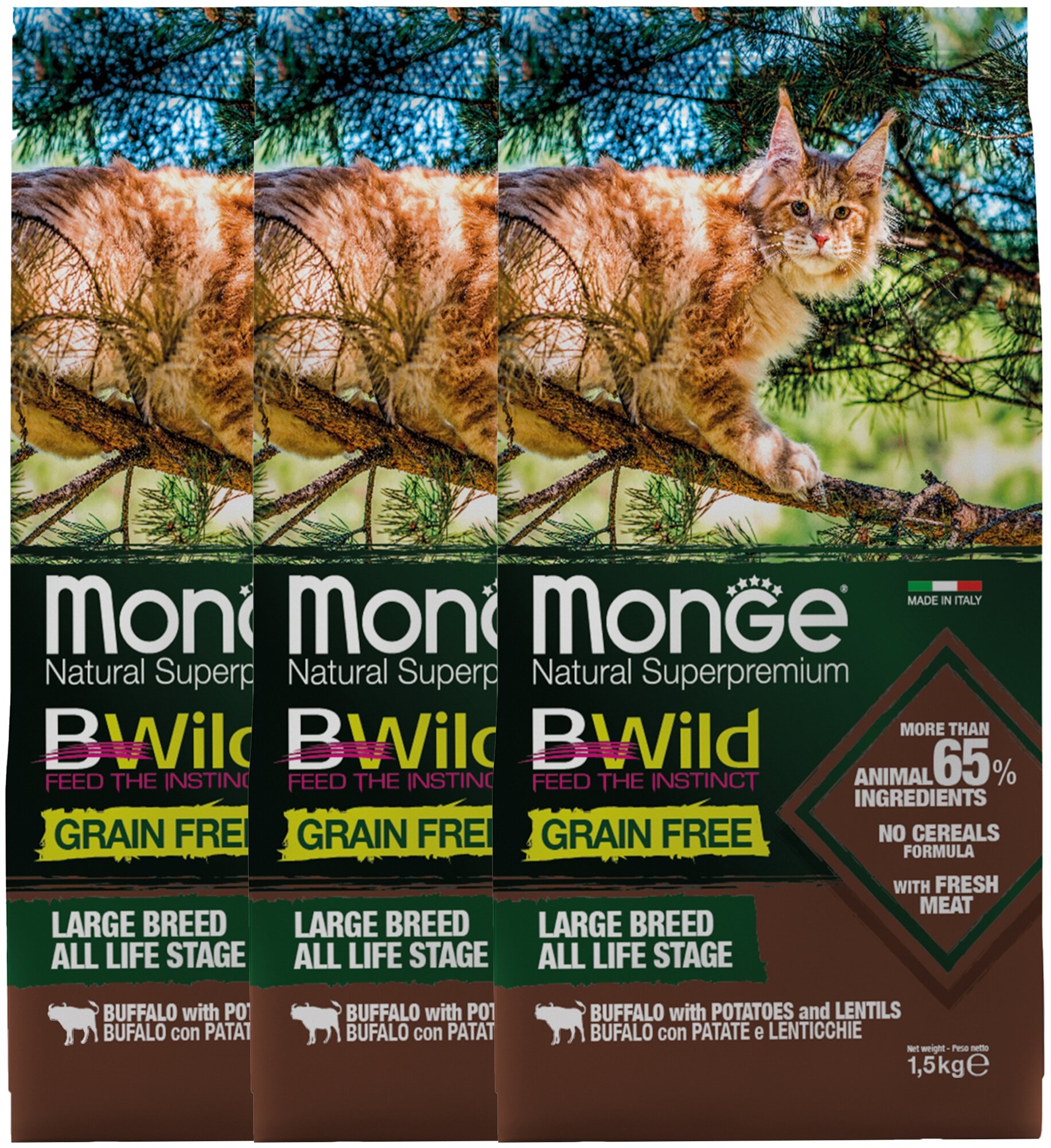 Сухой корм для кошек Monge BWILD Feed the Instinct для крупных пород, беззерновой, с буйволом, с картофелем, с чечевицей 3 шт. х 1.5 кг