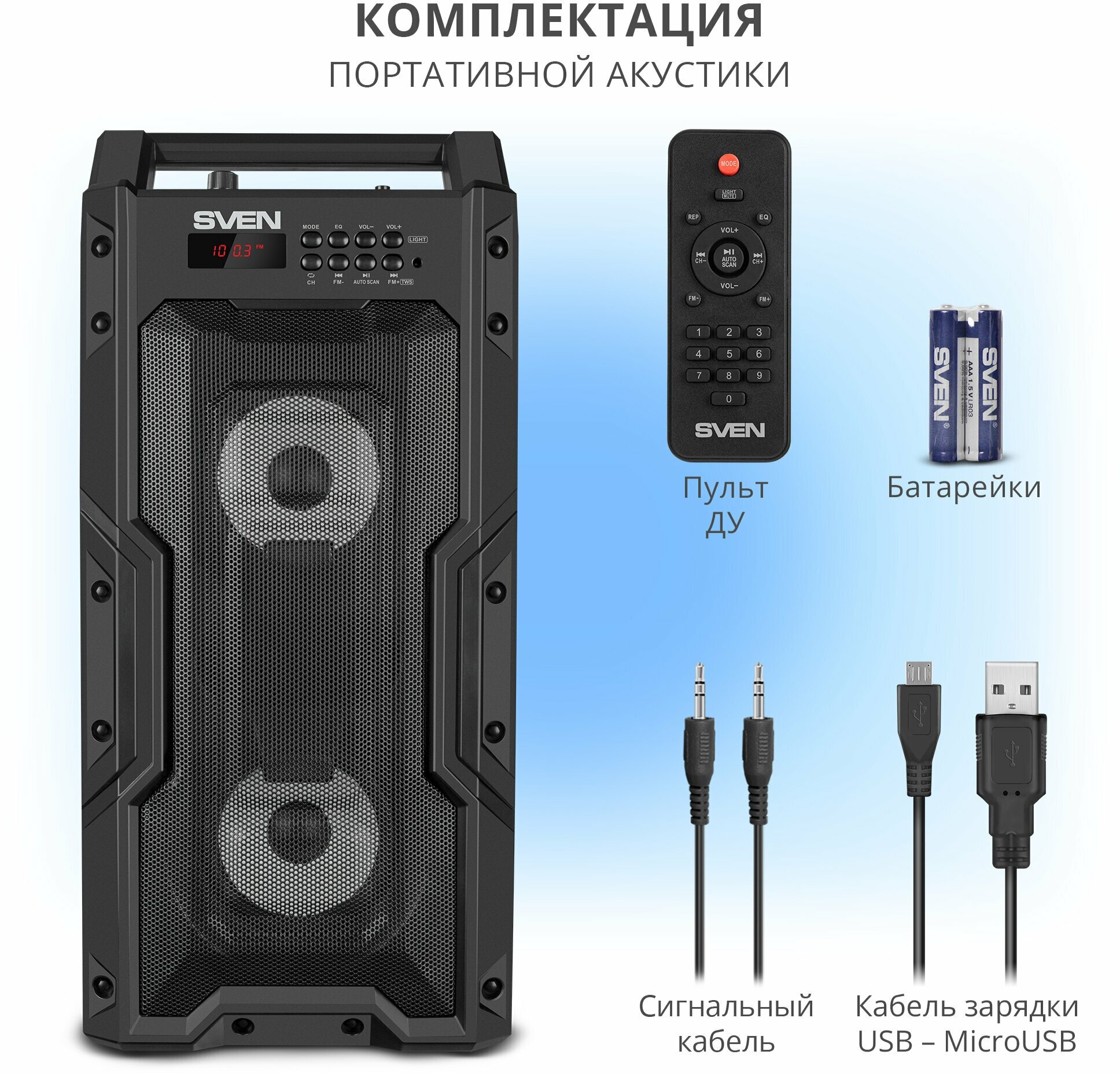 Портативная акустика 2.0 Sven PS-435 SV-019075 черная, 2x10 Вт (RMS), TWS, BT, FM, USB, microSD, LED-дисплей, ПДУ