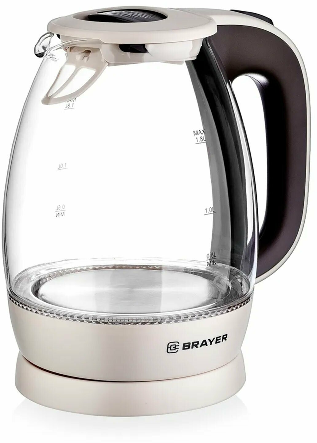 Чайник BRAYER BR1045BN, 1,8 л, 2200 Вт, закрытый нагревательный элемент, стекло, бежевый