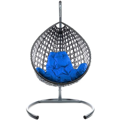 Подвесное кресло из ротанга Капля Люкс серое с синей подушкой M-Group