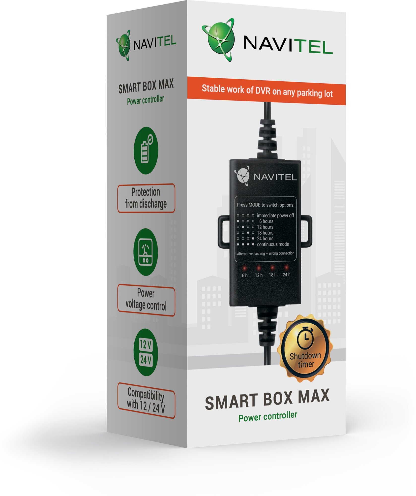 Контроллер питания Navitel Smart Box Max черный 45м Вход 1240 В выход 5В 2А защита от разряда акк