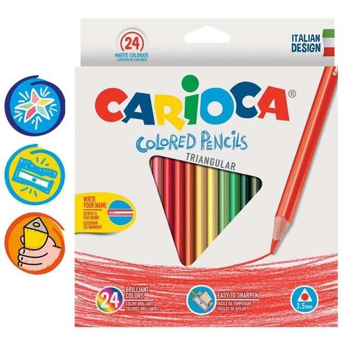 Карандаши 24 цвета Carioca, трёхгранные, деревянные, яркий ударопрочный грифель 3,5 мм, картонная упаковка