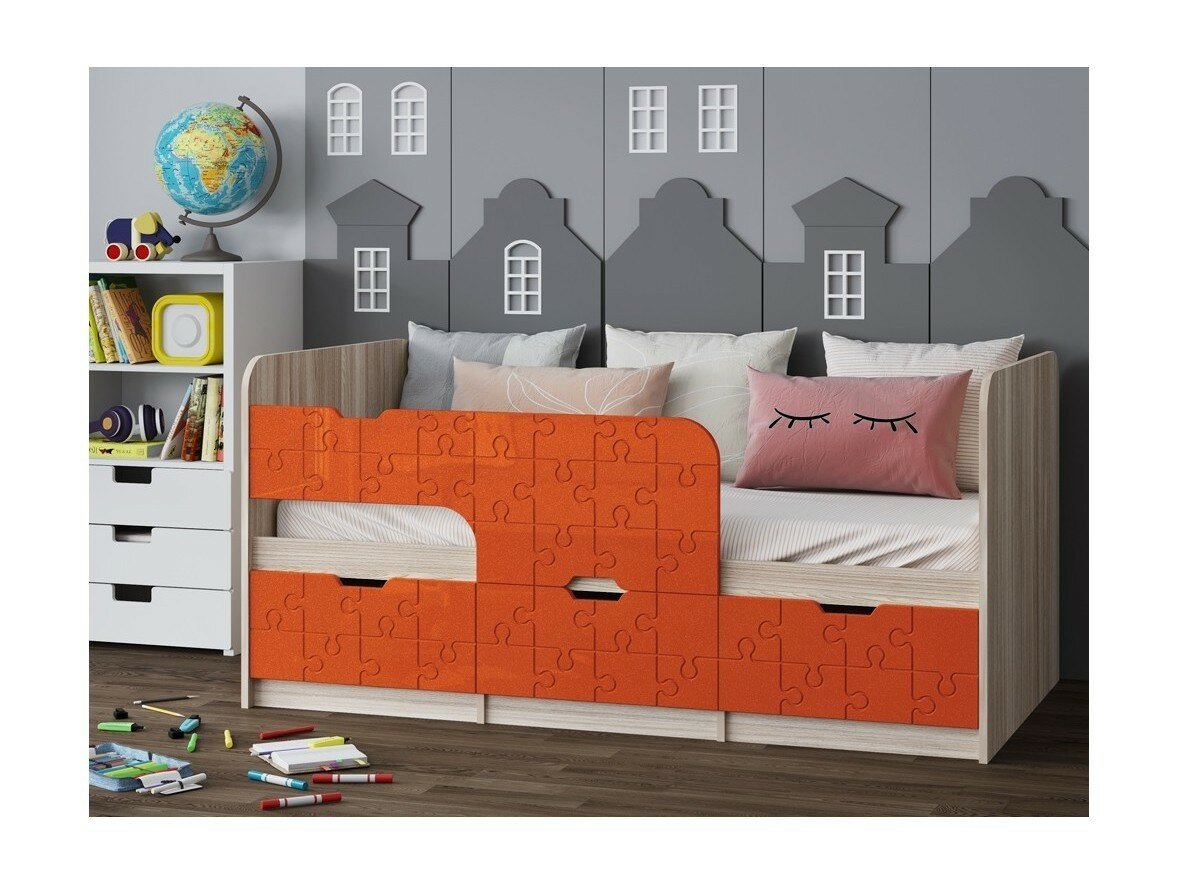 Детская кровать Юниор-9, 80х180 (Апельсин металлик, Ясень шимо светлый)