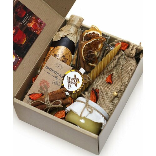Подарочный набор Глинтвейн/крафт коробка/ набор для приготовления глинтвейна/ подарочный набор с мёдом и чаем/ Добрый пасечник набор для глинтвейна с трубочками со специями