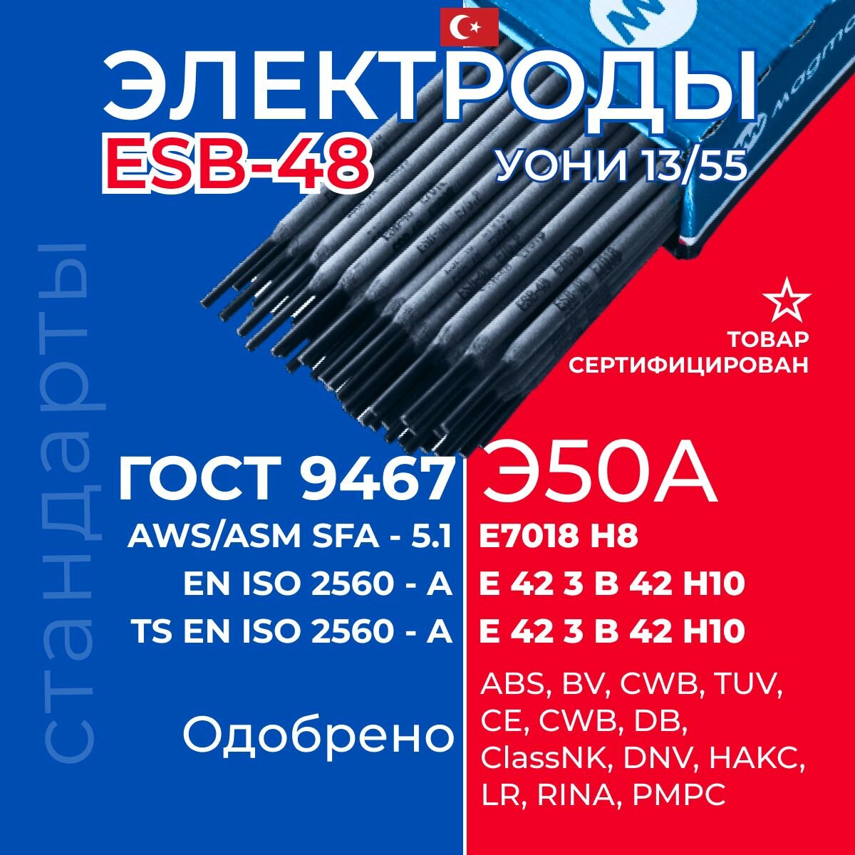 Изображение Электроды сварочные ESB48 Magmaweld с основным покрытием для нелегированной стали УОНИ 13/55 3.0х350мм 2.5кг