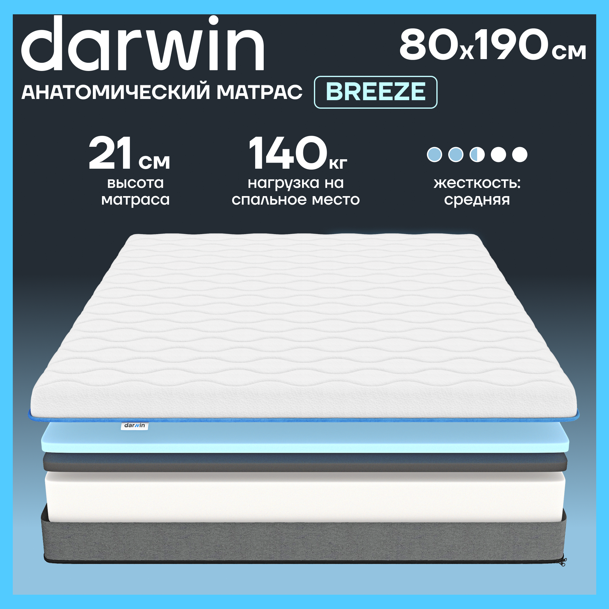 Матрас с эффектом памяти Darwin Breeze беспружинный, анатомический, ортопедический 80х190 см, высота 21 см