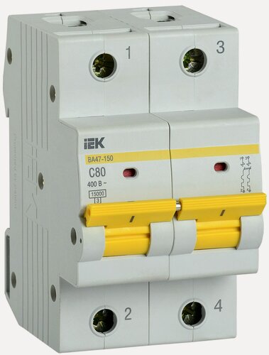Изображение товара Автоматический выключатель IEK ВА47-150 2Р 80А 15кА C, на DIN-рейку, IP40, термомагнитный, 50Гц, 400В