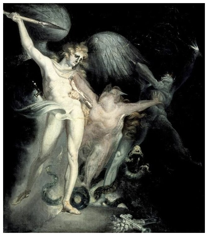 Репродукция на холсте Сатана и смерть с грехом (1799-1800) (Satan and Death with Sin Intervening) Фюссли Иоганн Генрих 30см. x 34см.