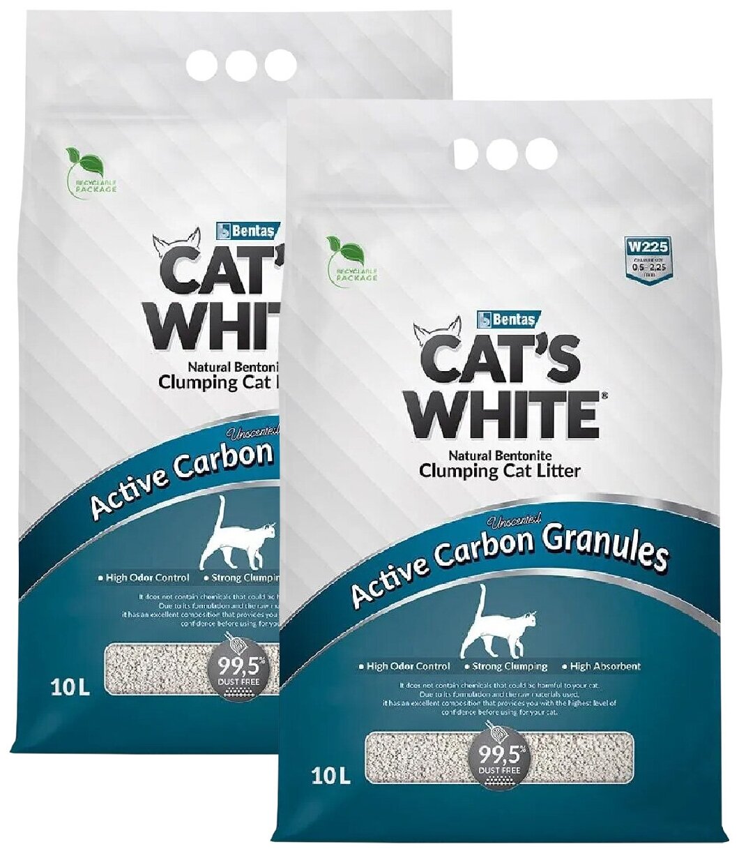 CAT'S WHITE ACTIVATED CARBON GRANULES наполнитель комкующийся для туалета кошек с гранулами активированного угля (10 + 10 л)
