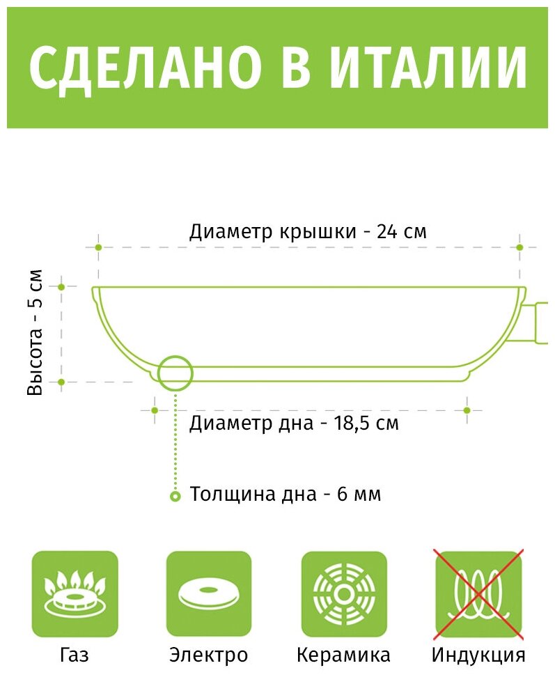 Сковорода 24см съёмная ручка TIMA Granito Forte с крышкой каменное покрытие R3sistek, Италия