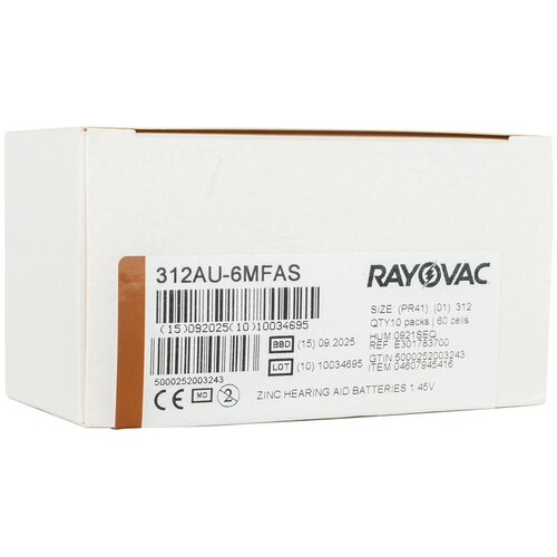 Батарейки Rayovac 312 (PR41) для слуховых аппаратов, упаковка (60 батареек)