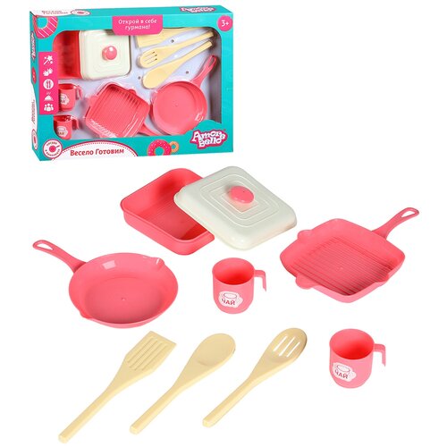 фото Детский игровой набор посуды тм"amore bello", посудка, кулинария, играем в повара, игрушечное угощение, ждем гостей, сюжетные игры, в коробке, цвет розовый, в/к 40х5,5х28,5 см