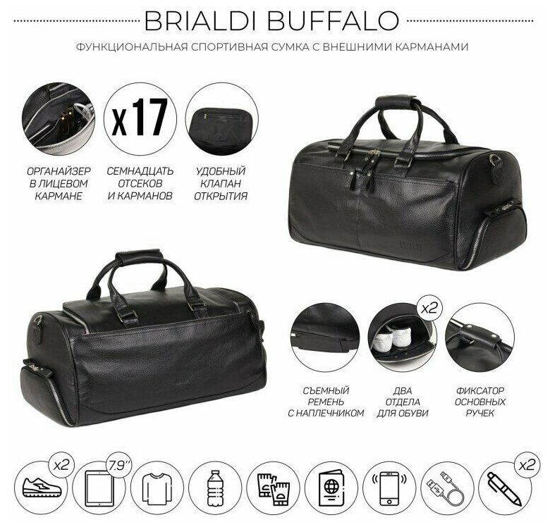 Дорожно-спортивная сумка Brialdi Buffalo Relief black Черный - фотография № 3