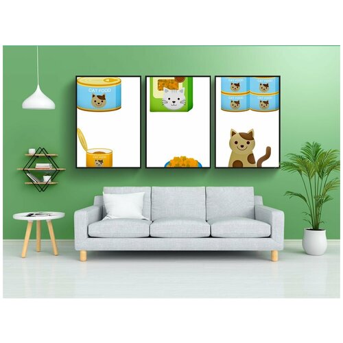 фото Набор модулных постеров для интерьера "кошачья еда, кошка, консервированный корм для кошек" 60x90 см. в тубусе, без рамки lotsprints