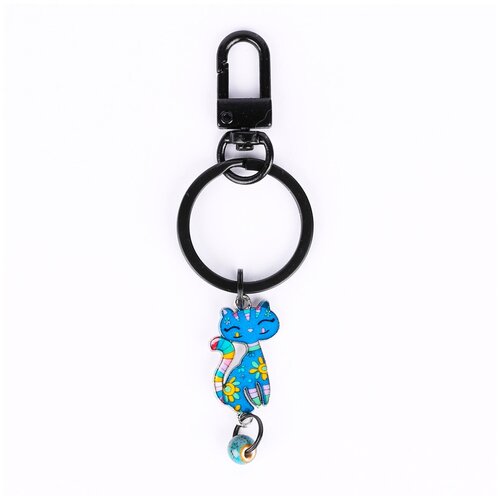 фото Брелок darifly "синий котик в цветочек с бусинкой" с черным карабином и кольцом для ключей (диаметр 3 см), в подарочной упаковке