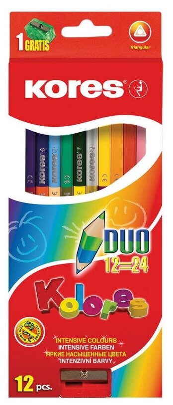 Карандаши цветные Kores Duo 24 цвета (двусторонние) трехгранные с точилкой 128906