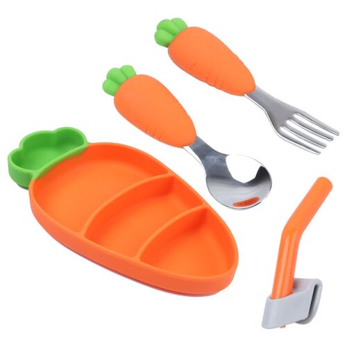 фото Детский силиконовый набор для кормления морковь /ложка и вилка /нержавеющая сталь aiden-kids