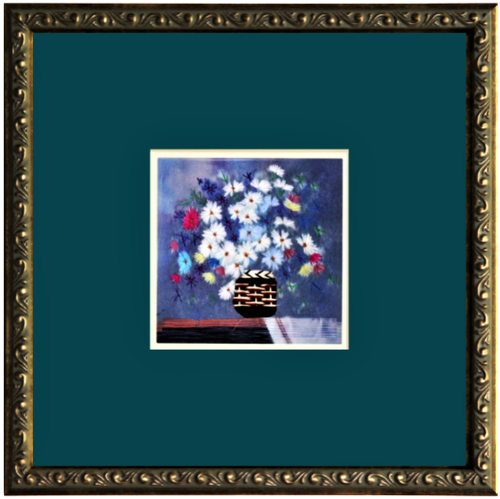 Картина вышитая шелком Корзина с полевыми цветами ручной работы/см 30х30х2/багет+паспарту
