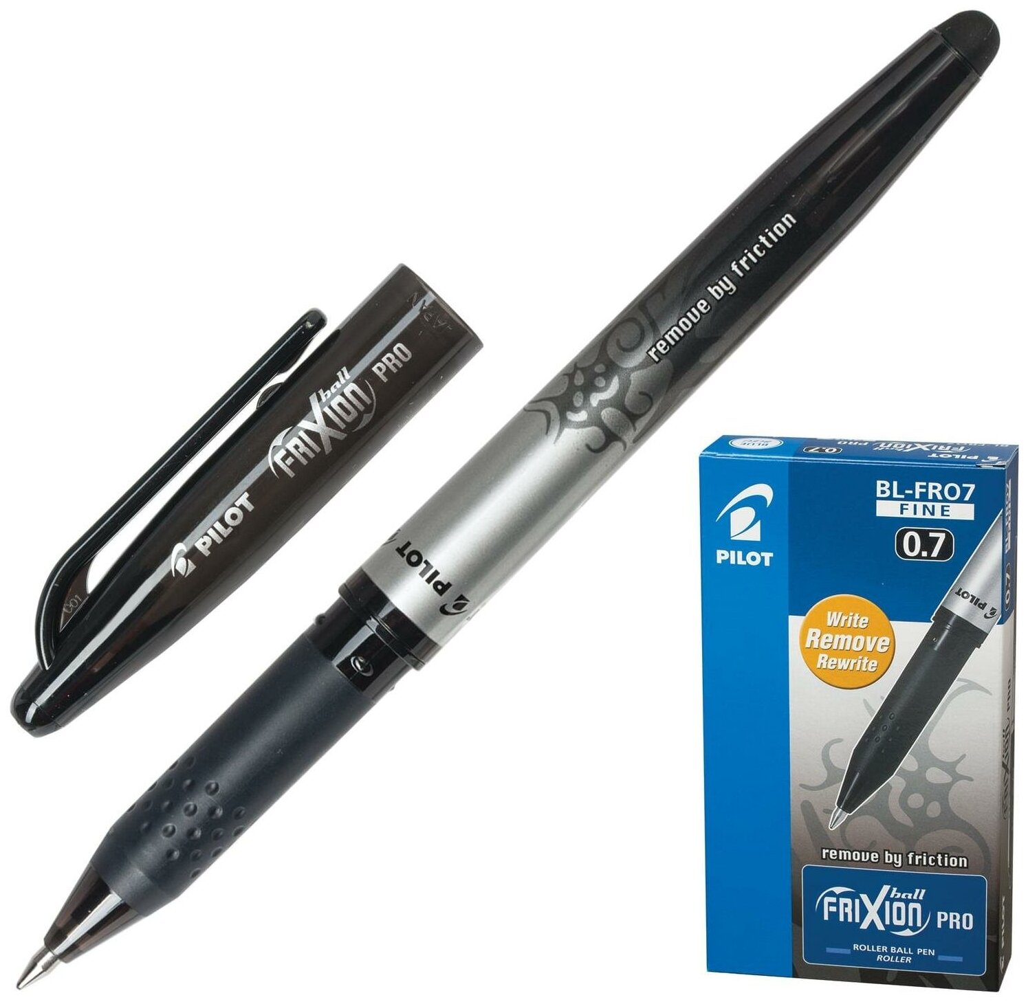 Ручка стираемая гелевая с грипом PILOT "Frixion Pro", черная, корпус с печатью, линия письма 0,35 мм, BL-FRO-7