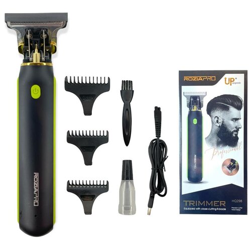 Профессиональный триммер для стрижки бороды и усов Rozia Pro HQ-298 Машинка для стрижки волос HQ-288 3 насадки чёрный с зелёным 178500₽