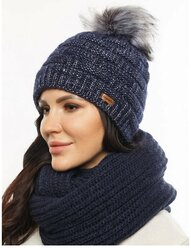 Женская зимняя шапка с меховым помпоном, флисовый подклад, вязаная, серебристо-синий цвет