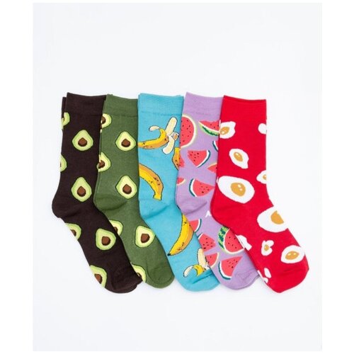 Носки женские яркие с принтом, 5 пар / набор женских носков с принтом / женские длинные носки / носки с авокадо, яйцом, фруктами