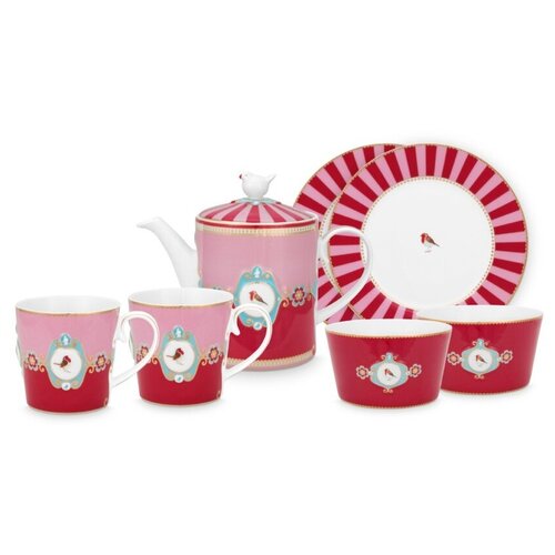фото Набор из 7-ми предметов для чаепития love birds red-pink: чайник 1,3 л, 2 тарелки д. 21 см, 2 пиалы д. 15 см, 2 кружки 250 мл, ww.51.020.139 pip studio