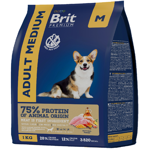 Brit Premium Dog Adult Medium сухой корм для взрослых собак средних пород с курицей - 1 кг