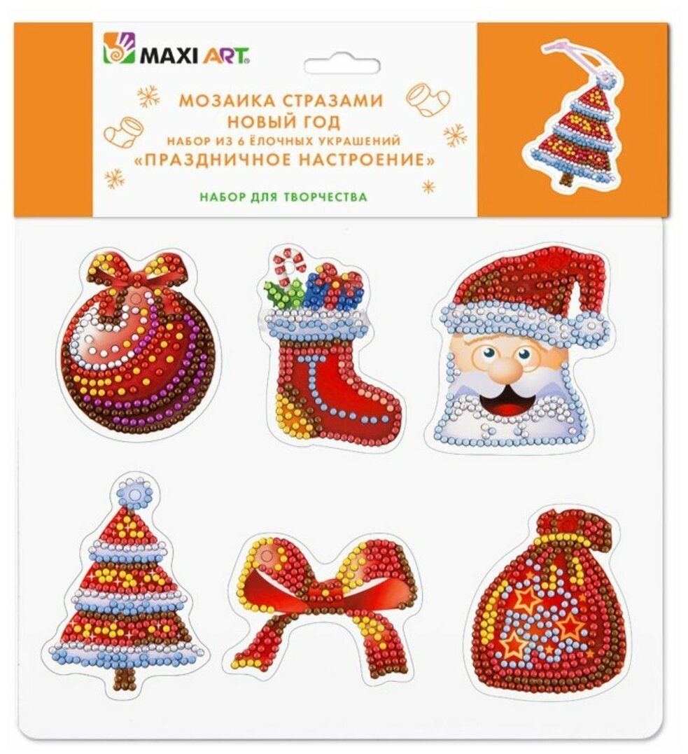 Мозаика стразами Maxi Art Новый Год набор из 6 Ёлочных украшений Праздничное Настроение