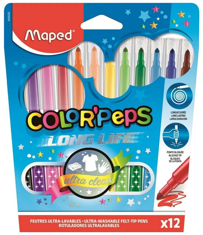 Фломастеры Maped COLOR'PEPS LONG LIFE,3хгр. пиш. узел, смываем,12цв/наб,845020