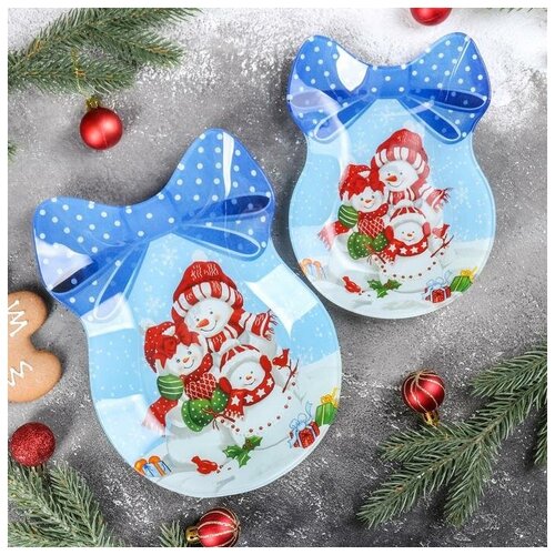 фото Доляна набор сервировочных блюд «бант. семья снеговиков», 2 шт: 18,5?13 см, 23?16,7 см
