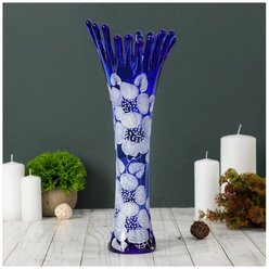 ваза "Коралл" h 380 мм. из синего стекла (ручная роспись) рис. № 9 (Бел.)