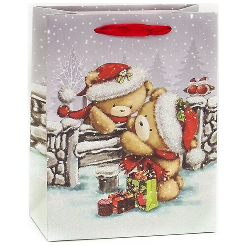 фото Пакет подарочный, новогодние медвежата, серебро, с блестками, 42*31*12 см, 1 шт. дон баллон