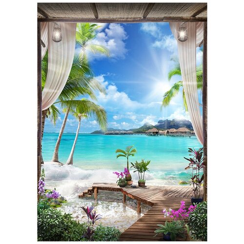 Флизелиновые фотообои Уютная стена Вид на море с террасы на пляже 190х270 см с текстурой Песок
