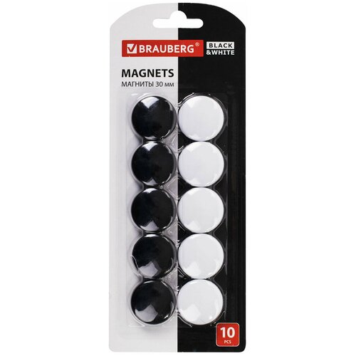 Магниты BRAUBERG «BLACK&WHITE» усиленные 30 мм, набор 10 шт черные/ белые, 237468