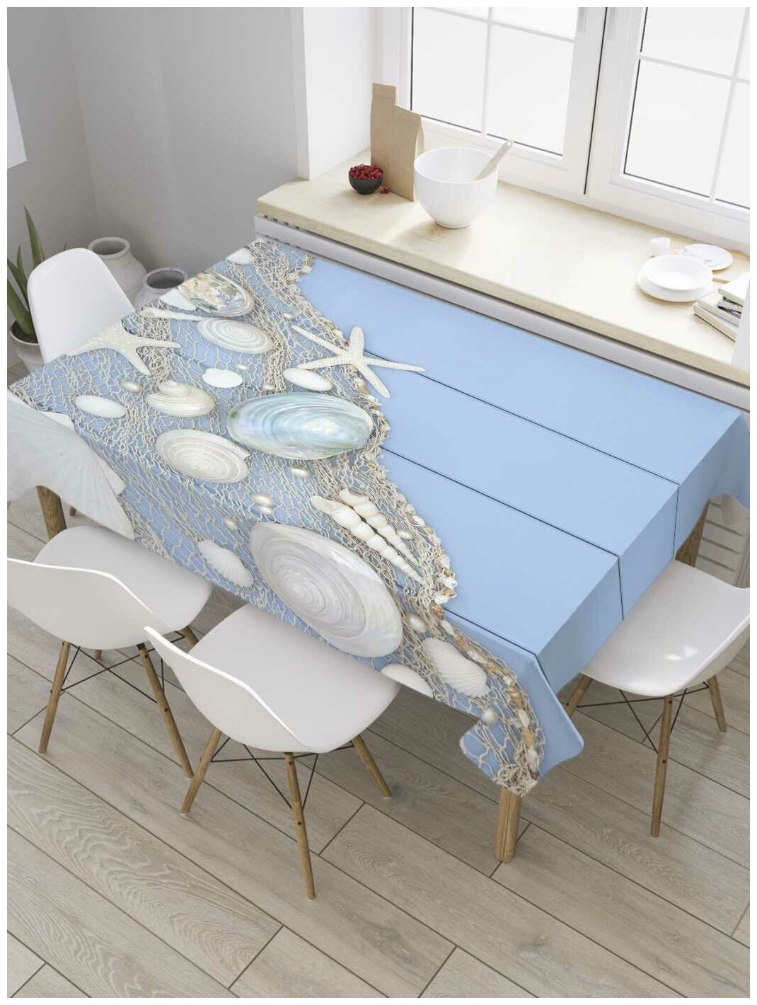 Скатерть прямоугольная JoyArty на кухонный стол "Ракушки в сетях" из оксфорда, 180x145 см