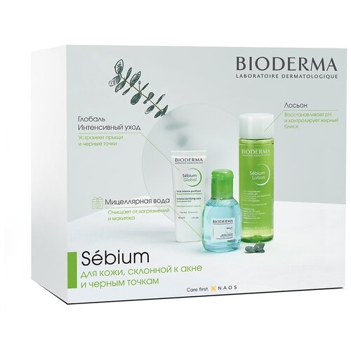 Набор Bioderma/Биодерма: Вода мицеллярная Н2О Sebium 100мл+Гель очищающий 8мл+Лосьон 10мл+Крем для проблемной кожи Sensitive 5мл