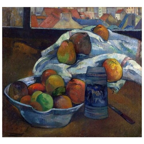 фото Репродукция на холсте миска фруктов и пивная кружка перед окном (bowl of fruit and tankard before a window) гоген поль 54см. x 50см. твой постер