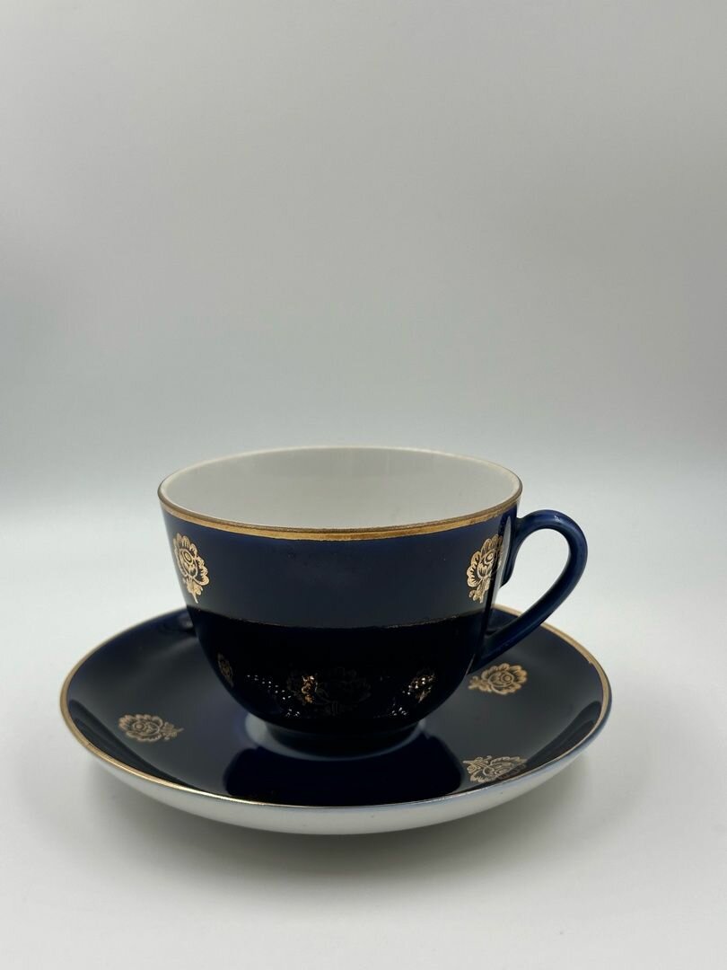 фото Фарфоровая Чайная Пара "Подсолнух" Кобальт, Позолота! ЛФЗ СССР