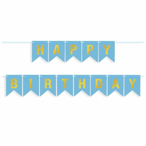 фото Гирлянда - растяжка флажки, happy birthday, ярко-голубой/золото, металлик, 500 см, 16*12 см, 1 упак. волна веселья