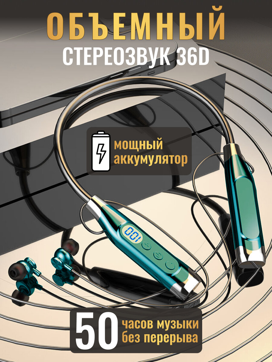 Наушники беспроводные с микрофоном блютуз спортивные (НМ-070 зеленый)