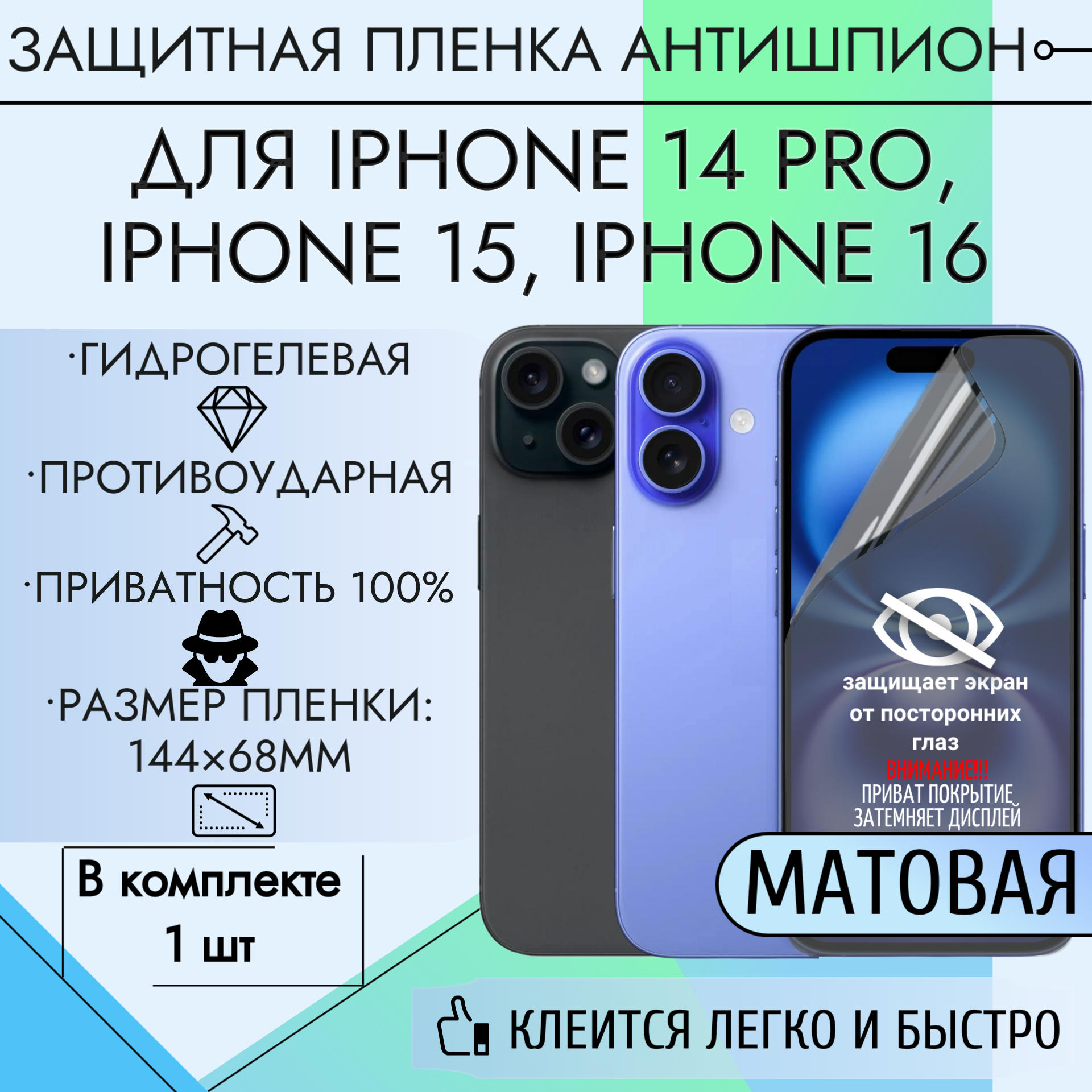 Гидрогелевая матовая пленка антишпион на iPhone 15, iPhone 16, iPhone 14 Pro / Айфон 15, Айфон 16, Айфон 14 Про