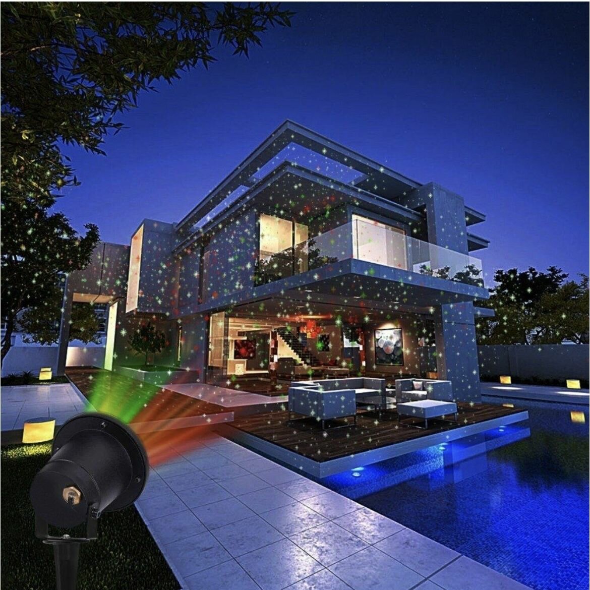 Ландшафтный уличный лазерный двухцветный проектор с пультом д. у звездный дождь