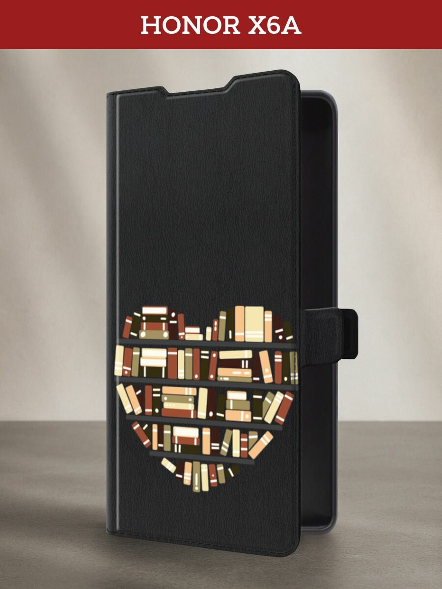 Чехол-книжка на Honor X6A / Хонор X6A с принтом Книги в сердце, черный