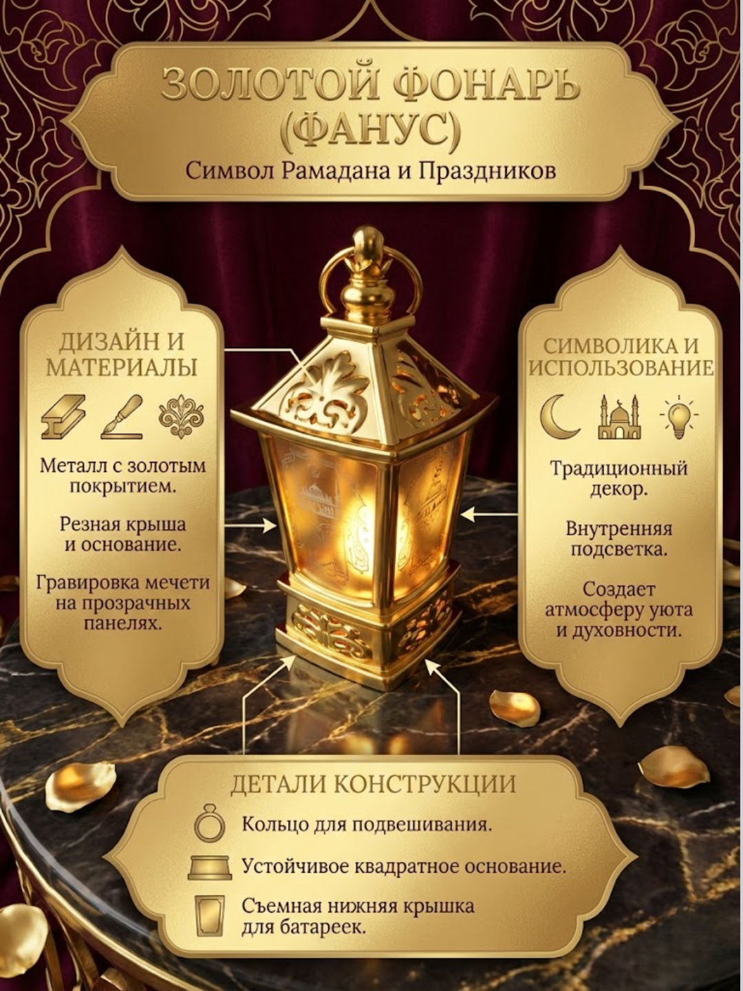 Золотой декаративный фонарь для праздника "Рамазан" и "Куърбан хайит"