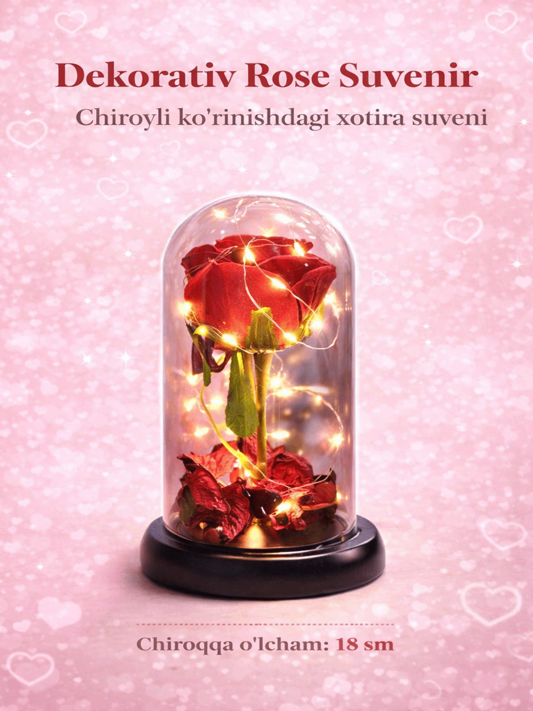 Декоративная роза под стеклянным куполом с мягкой подсветкой. Элегантный и романтичный сувенир для подарка
